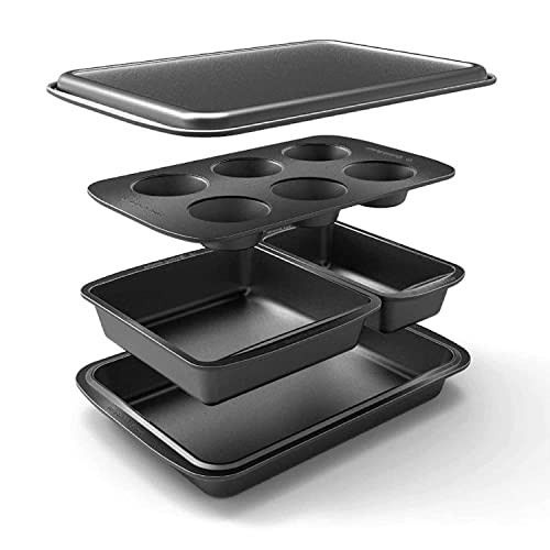 Baker's Secret Stackable Baking Set of 5 Bakeware Pans, Bakeware Set, Baking Pan Set Includes Muffin Pan, Roaster Pan, Square Pan, Cookie Sheet, Loaf Pan, Baking Supplies