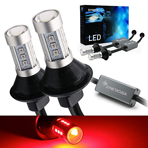 Syneticusa 7443 Error Free Canbus Ready Red LED Brake Parking Tail Stop Turn Signal Light Bulbs DRL Parking Lamp No Hyper Flash All in One With Built-In Resistors