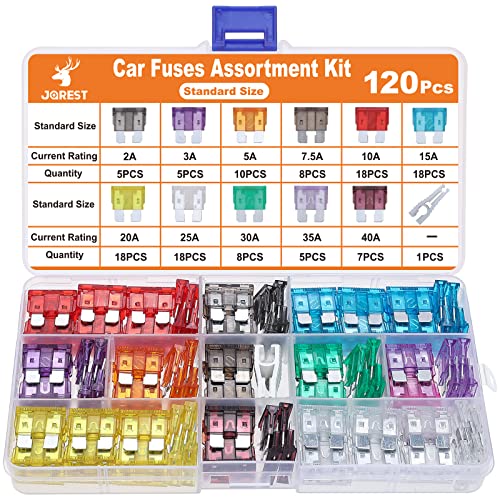 JOREST 120Pcs Car Fuse Kit - Replacement Fuses Assortment Kit for Car/RV/Truck/Motorcycle(2Amp 3A 5A 7.5A 10A 15A 20A 25A 30A 35A 40A) - Standard Blade Fuses Automotive + Auto Fuse Puller