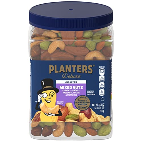 PLANTERS Unsalted Premium Nuts 34.5 oz Resealable Container- Contains Roasted California Pistachios, Cashews, Almonds, Hazelnuts & Pecans - No Artificial Flavors or Colors