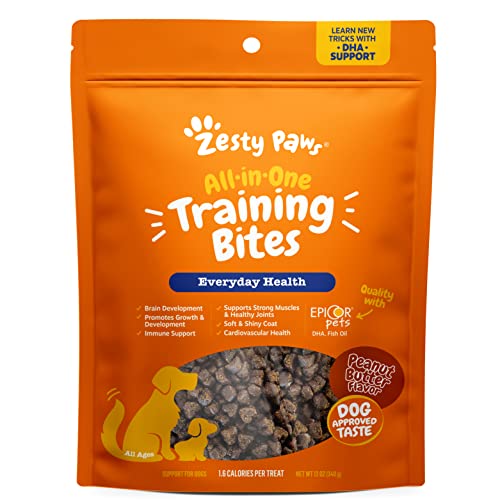 Zesty Paws Training Treats for Dogs & Puppies - Hip, Joint & Muscle Health - Immune, Brain, Heart, Skin & Coat Support - Bites with Fish Oil with Omega 3 Fatty Acids with EPA & DHA - PB Flavor - 12oz