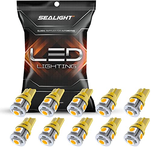 SEALIGHT 194 LED Bulb, 168 T10 LED Bulb Amber 2700k Yellow 2825 for Turn Signal Side Marker Dome Lights, 12V LED Bulb Cab Running Parking Tail Lights, (Pack of 10)