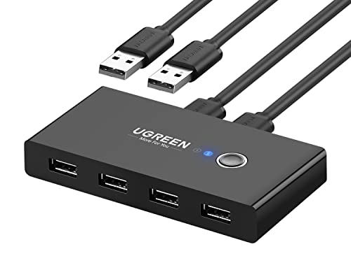 UGREEN USB Switch Selector 2 Computers Sharing 4 USB Devices USB 2.0 Peripheral Switcher Box Hub for Mouse Keyboard Scanner Printer PCs with One-Button Swapping and 2 Pack USB A to A Cable