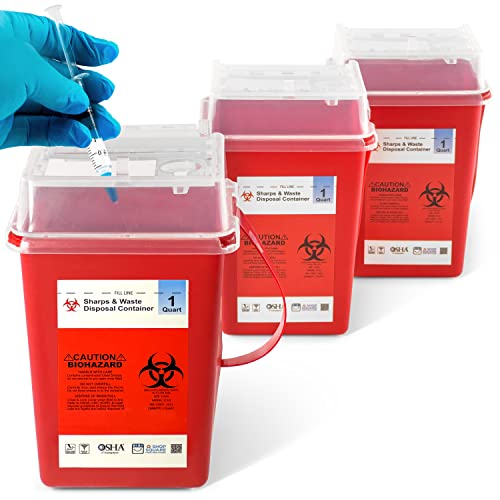 Sharps Container, Sharps Containers for Home Use, Needle Disposal Containers, Sharps Disposal Container, Biohazard Containers, Small Sharps Container - 1 Quart - 3 Pack