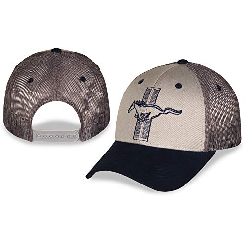 Officially Licensed Grey Twill and Ash Charcoal Mesh Ford Mustang Baseball Hat/Cap with Navy Blue Bill Featuring 3 Inch tri Pony on Front panes with Adjustable Closure