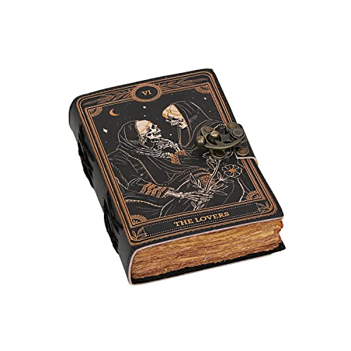 Book of Spells Leather Journal Deckle Edge Paper Grimoire Printed Journal The Lovers Tarot Notebook Spiral Gothic Notebook Skull lover Antique Vintage Leather Journals for Men and Women