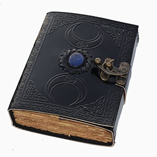 book of shadows spell book grimoire journal witchcraft books 200 Antique Deckle Edge Blank Paper Semi Precious Witch Stone Black Triple Moon Design-Lock Closure third eye unlined sketchbook Witch Journal for Men and Women 7x5 Inch
