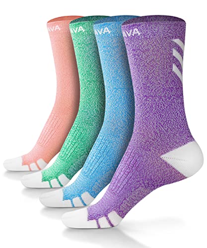 DOVAVA Dri-tech Compression Crew Socks 15-20mmHg (4 Packs) Quick Dry Athletic Running Socks (Small-Medium, Blue-Pink-Green-Purple)