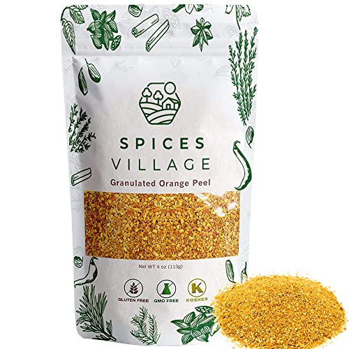 SPICES VILLAGE Orange Peel Granules [4 oz] - Dried Orange Peel Zest, Dry Citrus Fruit Rind for Baking Cooking and Tea, Dehydrated Orange Peel - Kosher, Gluten Free, Vegan, Non GMO, Resealable Bulk Bag