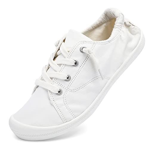 STQ Cute Slip On Canvas Sneakers for Women, Low Top Fashion Casual Shoes White/6 US