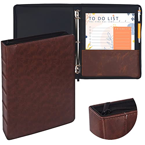 Faulkner Vintage Professional 3 Ring Zipper Binder Organizer, 1 Inch Round Rings, 8.5" x 11" Sheet Size, 2 Inner Pockets 1.6" Spine, Appearance of Antique Brown Leather, Pen Included