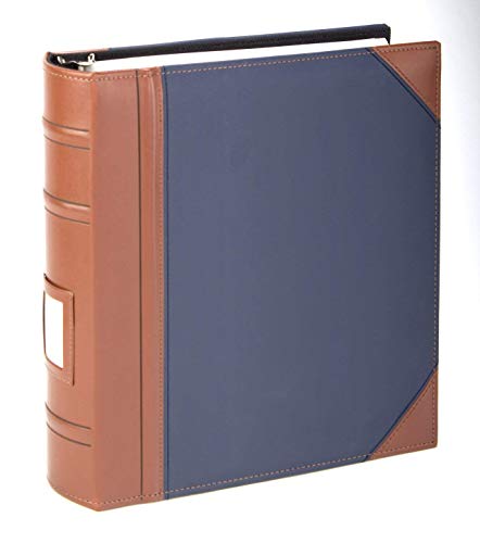 Executive Binder, English Leather 2 Tone with Stitching and Ribbed Spine, Heavy Duty 1 1/2" Inch 3 D-ring with Buster, Holds 225 8.5"x 11" Sheets With Memo Tag On Spine Blue