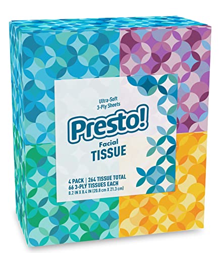 Amazon Brand - Presto! Ultra-Soft 3-Ply Premium Facial Tissues, 264 Count (4 Packs of 66 Tissues)