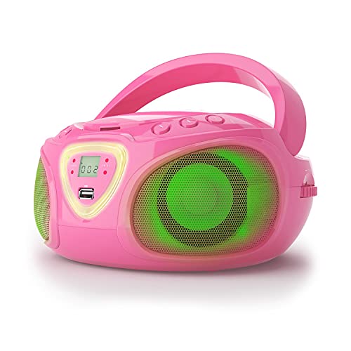 AUNA Roadie KIDS Boombox, Top loading CD Player, Bluetooth Connectivity for Smartphones, Easy AUX, USB, Radio and MP3 Connectivity, Portable, Plug in or Battery Powered, LED Display