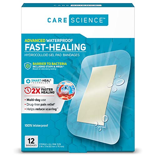 Care Science Fast-Healing Waterproof Hydrocolloid Gel Pad Bandages, XL, 2 in x 3 in, 12 ct | 100% Waterproof Seal, 2X Faster Healing, Barrier to Bacteria, for Blisters or Wound Care