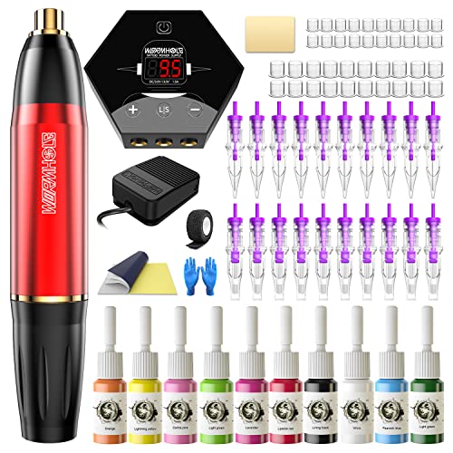 Wormhole Tattoo Pen Kit - Rotary Tattoo Kit for Beginners 20pcs Tattoo Cartridges Needles 10 Tattoo Ink Professional Complete Tattoo Pen KitTK001