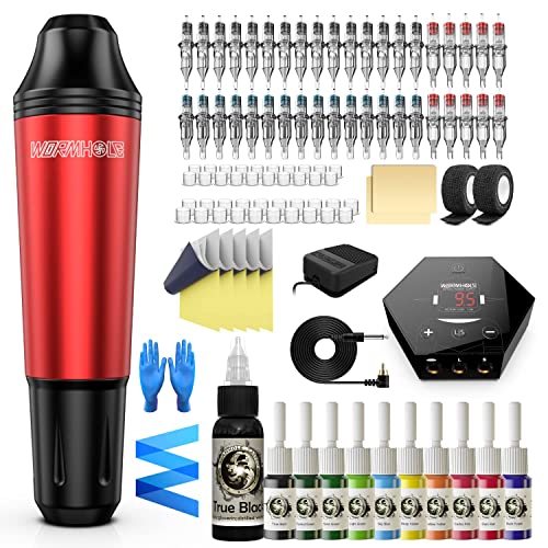 Tattoo Pen Kit Wormhole Cartridge Tattoo Kit for Beginners Rotary Tattoo Machine Pen Professional Complete Tattoo Kit(TK108) (Red)