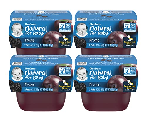 Gerber Natural for Baby 1st Foods Baby Food Tubs, Prune, Non-GMO Pureed Baby Food for Supported Sitters, Made with Real Fruit, 2 - 2 Ounce Tubs/Pack (Pack of 4)