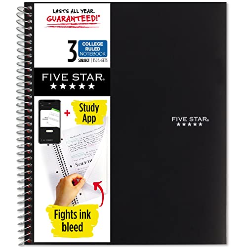 Five Star Spiral Notebook + Study App, 3-Subject, College Ruled Paper, Fights Ink Bleed, Water Resistant Cover, 8-1/2" x 11", 150 Sheets, Black (72069)