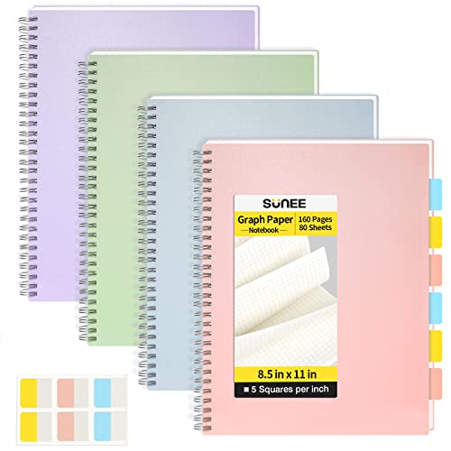 SUNEE Graph Paper Notebook - 4 Pack Large Graphing Notebook 8.5 x 11 inches 5 x 5mm Grid Paper 80 Sheets/160 Pages - Journals for Study and Notes (pink, blue, green, purple)