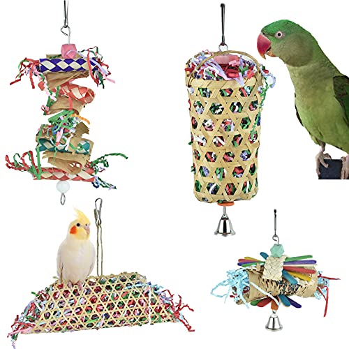 GUANLANT 4 Pack Shredder Bird Toys, Foraging Feeder Toys Treat Basket for Parrots, Conure Shredding Chewing Paper Toys, Hanging Cage Climbing Foot Toys with Bell for Parakeets Cockatiel African Grey