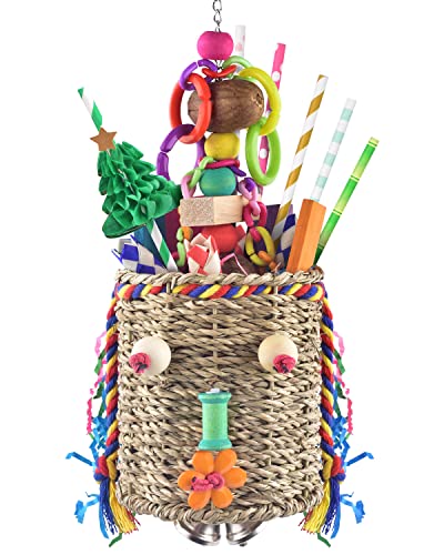KATUMO Bird Foraging Toys, Seagrass Basket Bird Toy with Array of Chewable Parrot Toys for Small Medium Parrot Birds