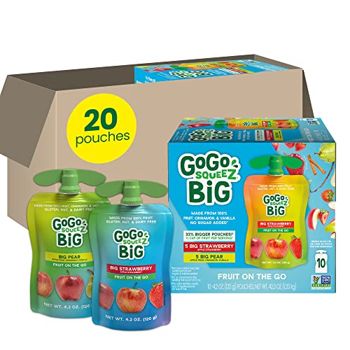 GoGo BIG squeeZ Variety Pack, BIG Pear & BIG Strawberry, 4.2 oz. (Pack of 20), Unsweetened Fruit Snacks for Kids, Gluten Free, Nut Free and Dairy Free, Recloseable Cap, BPA Free Pouches