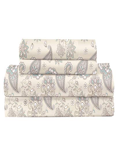 Feather & Stitch Softest 100% Cotton Sheets, Queen Size Sheet Sets, 4 PC Set, 300 Thread Count Percale Weave Bedding, 16" Deep Pocket, Cooling Sheets, Breathable Bed Set (Biege Paisley)