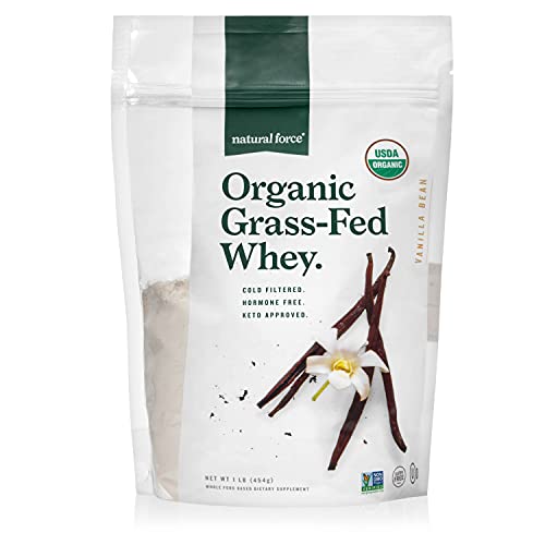 Natural Force Grass Fed Organic Whey Protein Powder  Non GMO Verified, Humane Certified & Lab Tested for Toxins  Real Vanilla Flavor  Keto Friendly, Low Carb, and Kosher - 16 Ounce A2 Protein