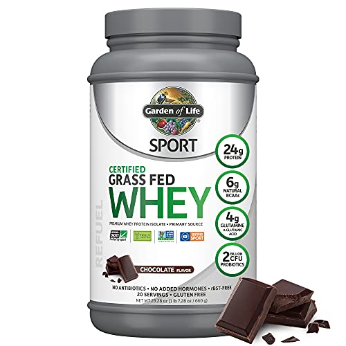 Garden of Life Sport Whey Protein Powder Chocolate, Premium Grass Fed Whey Protein Isolate Plus Probiotics for Immune System Health, 24g Protein, Non GMO, Gluten Free, Cold Processed - 20 Servings