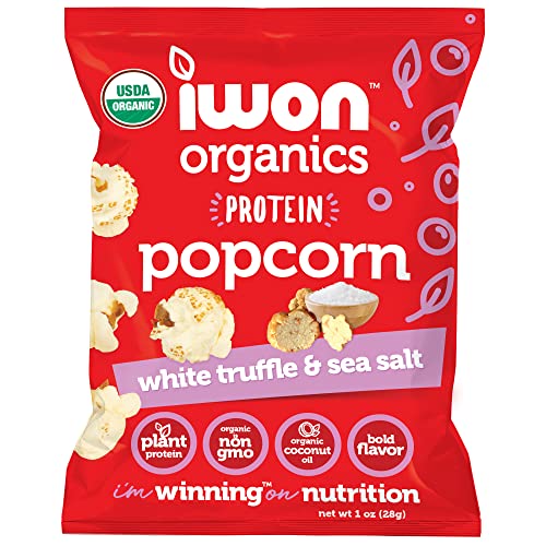 IWON Organics Protein Popcorn, White Truffle & Sea Salt Flavor, Organic Healthy Snacks, 8-Pack, 1 Oz Bags