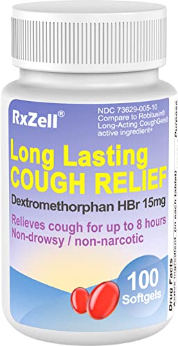 RXZELL Adult Cough Relief, Dextromethorphan HBr 15mg (100 Softgels), 8 Hour Long Lasting, Non-Drowsy, Cough/Bronchial Suppressant