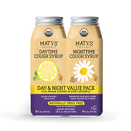 Matys USDA Organic Cough Syrup Day & Night Value Pack for Adults and Children 12+  Soothing Relief for Daytime & Nighttime Coughs with Immune Support  Clean Alternative  2-6 fl oz