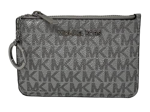 Michael Kors Jet Set Travel Zip Top Key Chain Coin Pouch Silver Signature Logo