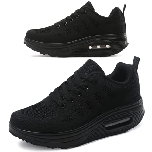 RUIDENG Womens Walking Shoes Comfortable | Platform Sneakers Airy | Rocker Thick Bottom All Black 7.5