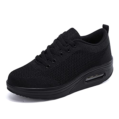 Hsyooes Women Wedges Tennis Rocker Shoes Walking Sports Shoes Lightweight Sneakers Air Cushion Slip On Fitness Shoes 7B(M) US=Label size38 Black QE