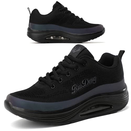 RUIDENG Platform Sneakers for Women, Black Shoes, Women Tennis Shoe, Thick Rocker Bottom Minimalist All Black 7