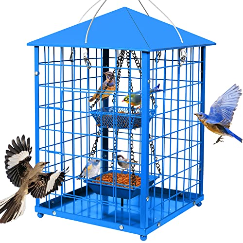 Mealworms Bird Feeders Metal - Huge Caged Buffet Squirrels Proof Bird Feeder with 2 Meal Worm Cups, DIY Small Birds Wild Bird Feeders(Blue), 2lbs Seed Capacity