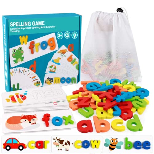 MASTOUR See and Spell Learning Toys,Matching Letter Game Words for Kids,Educational Learning Toys for Preschool Kindergarten 3-7 Year Old Girls Boys (28 Cards+52 Letters)