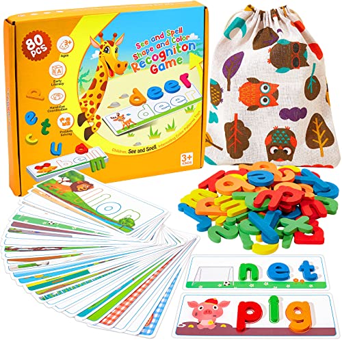 See & Spell Learning Educational Toys for 3-6 Year Old Boys & Girls - 80 Pcs CVC Word Builder Set with Alphabet & Color Recognition, Ideal for Preschool, Kindergarten Learning Activities & Gifts