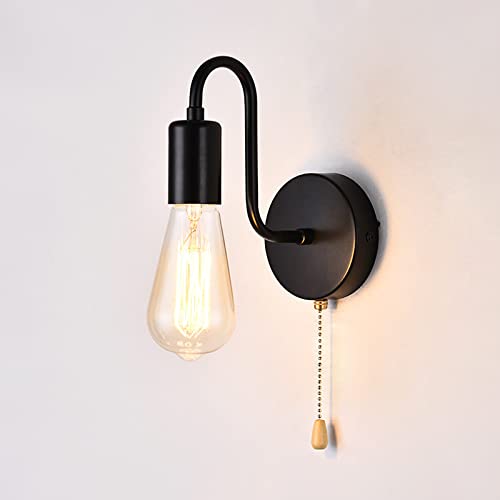 JZCDR Vintage Pull Chain Wall Sconce Light with Switch Black Wall Lights Fixture Retro E26 Industrial Farmhouse Wall Lamp Hard Wired Sconces Lighting for Mirror Bedroom Bathroom Hallway (1-Light)