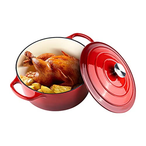 Miereirl 6 QT Enameled Dutch Oven Pot with Lid, Cast Iron Dutch Oven with Dual Handles for Bread Baking, Cooking, Non-stick Enamel Coated Cookware (Red)
