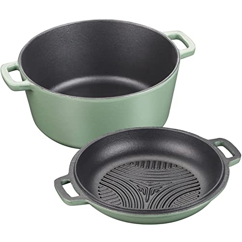 SHYIS 5.5 Quart Enameled Cast Iron Dutch Oven, 2-In-1 Enamel Oven with Skillet Lid for Grill, Stovetop, Induction (Gray Green)