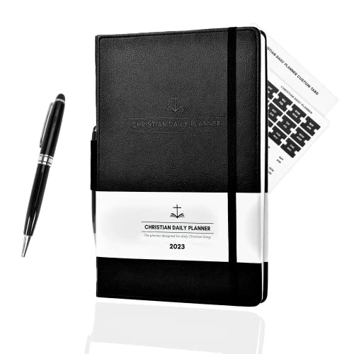 2023 Christian Daily Planner Black 7" x 10" Monthly and Weekly Planner, Journal & Church Companion w/ Metal Pen, No Bleed Paper, Scripture & More!