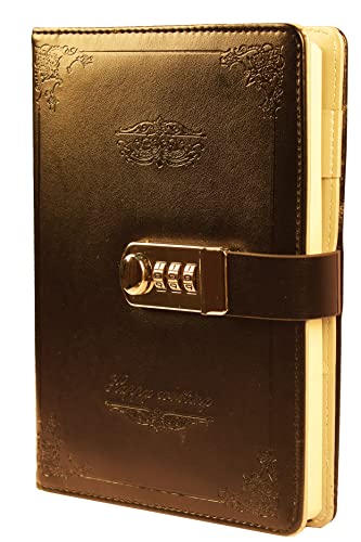 JunShop Digital Password Journal with Lock Retro Privacy Diary with Combination Lock Leather Binder Notebook Locking Journal Diary (Black)