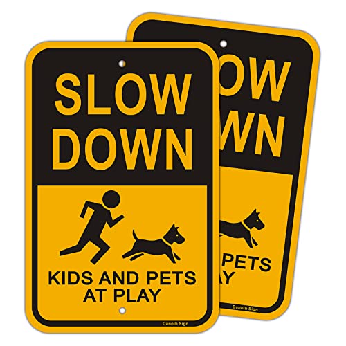 Slow Down Kids at Play Safety Sign, Large 12x18 Inches (2 Pack) Reflective Road Sign for Neighborhoods .040 Rust Free Aluminum Metal Sign Weather Resistant Waterproof Durable Ink Easy to Mount