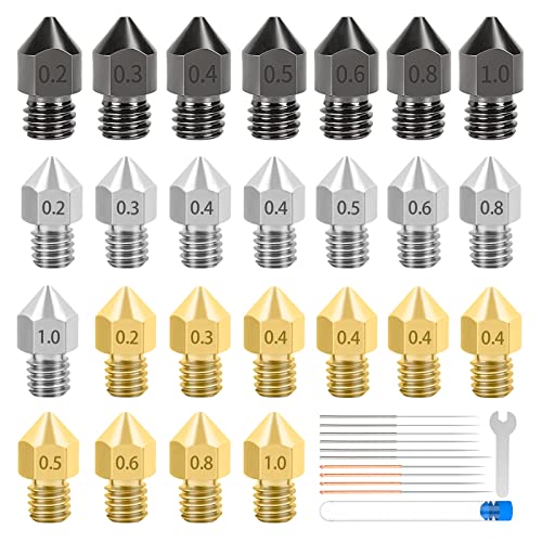 25PCS 3D Printer Extruder Nozzles Hardened Steel, Stainless Steel, Brass High Temperature Pointed Wear Resistant Nozzle 0.2 0.3 0.4 0.5 0.6 0.8 1.0 mm