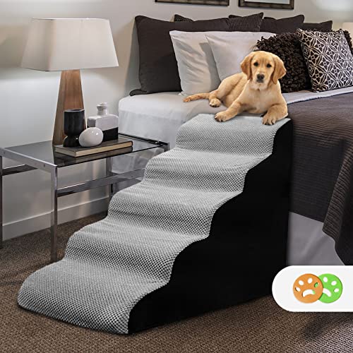 LitaiL 5 Tiers 25inch High Density Foam Dog Ramp/Stair for High Bed, Grey Pet Foam Steps for Injured Dogs and Old Cats, Dog Ladder with 5 Steps and Non-Slip Soft Cover-Grey