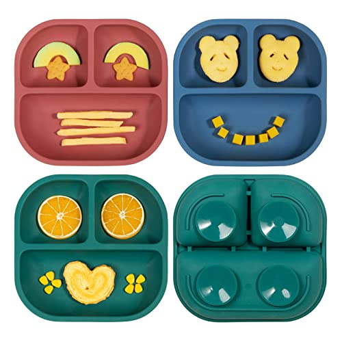 Babelio Powerful Suction Plates for Baby and Toddler, 100% Food Grand Silicone Divided Baby Plates, BPA Free, Microwave & Dishwasher Safe, Stay Put with 4 Suction Cups, 3 Pack