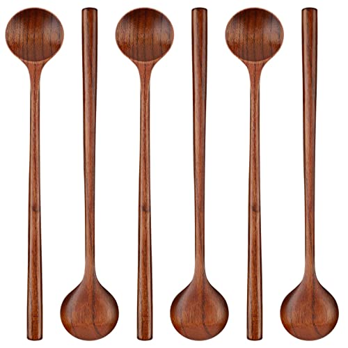 6 Pieces Wooden Long Spoons Long Handle Round Spoons Korean Style Soup Spoons for Soup Cooking Mixing Stirring Kitchen Tools Utensils, 10.9 Inch (Brown)